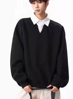 xanvas 知识分子假两件条纹v领纯色卫衣短宽boxy套头百搭学院风