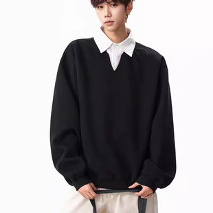 xanvas 知识分子假两件条纹v领纯色卫衣短宽boxy套头百搭学院风