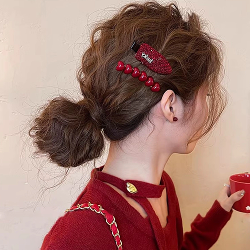 红色爱心毛呢发夹女前额侧边夹
