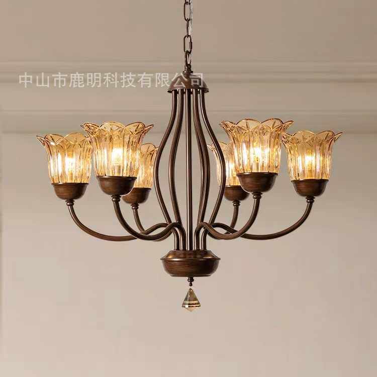 美式复古全铜吊灯客厅灯轻奢法式感餐厅灯具古铜玻璃卧室装饰灯饰