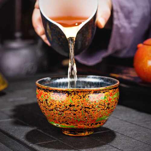 大漆建盏茶杯手工传统漆器茶具单杯天目铁胎主人杯百花油滴盏窑变