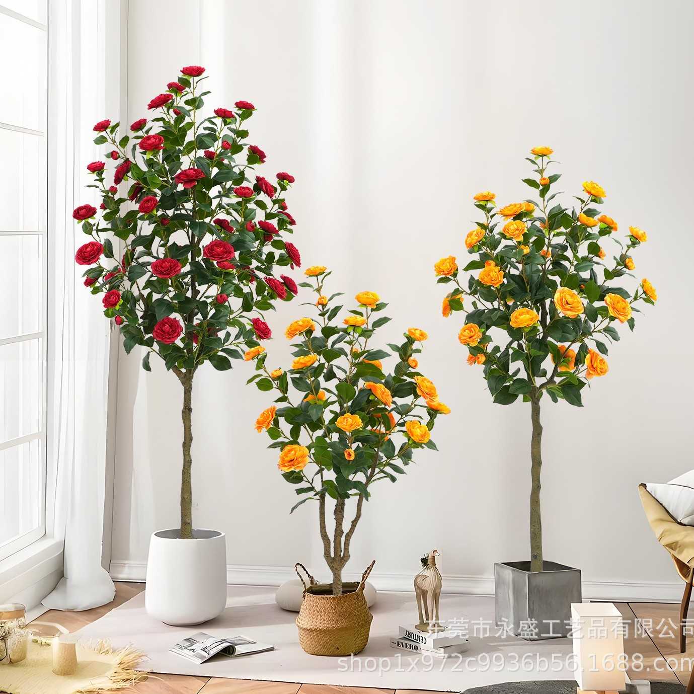 跨境高级绿植仿真山茶花树室内摆件装饰客厅人造花玫瑰盆栽植物