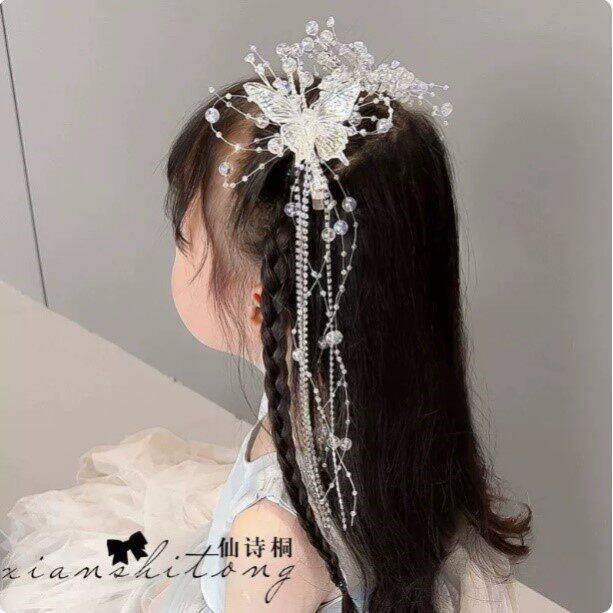 超仙蝴蝶流苏发饰女童古风汉服发夹儿童水晶演出发卡森系公主头饰