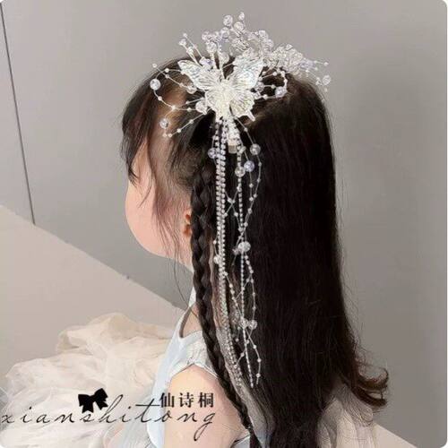 超仙蝴蝶流苏发饰女童古风汉服发夹儿童水晶演出发卡森系公主头饰