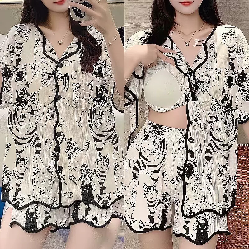 带胸垫睡衣女夏季纯棉2025新款短袖短裤开衫卡通可外穿家居服套装