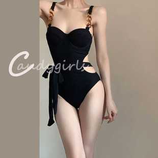 Candygirls黑色高级感时尚连体2023新款泳衣女小胸钢托聚拢遮肚夏