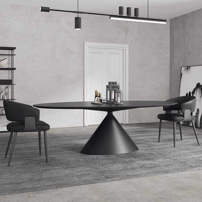 飞碟岩板餐桌意式极简椭圆形高端家用饭桌纯黑色餐桌椅组合