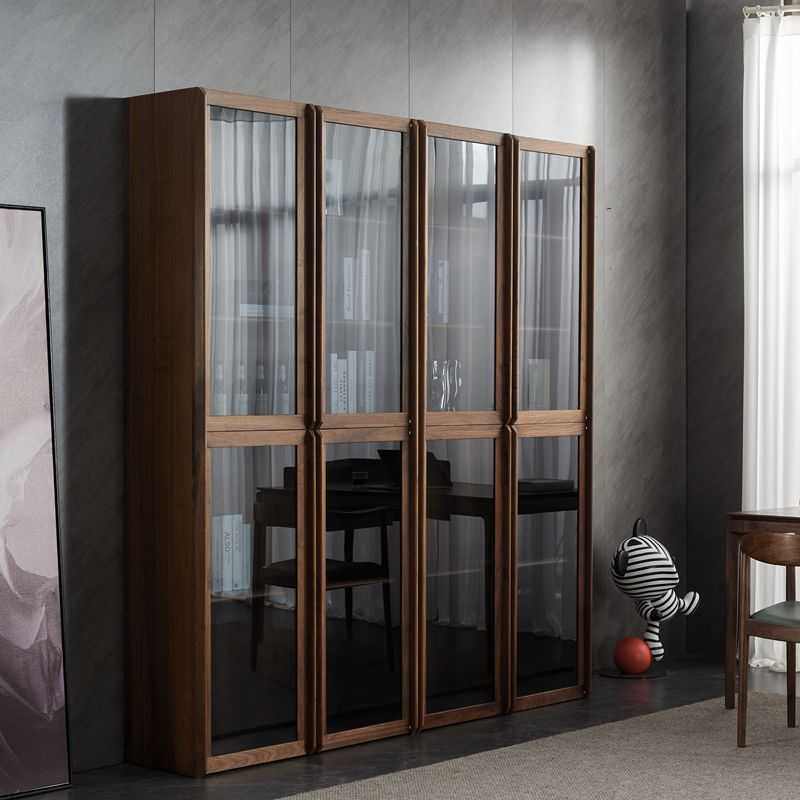 北美黑胡桃木书柜组合全实木带玻璃门简约现代北欧置物柜客厅书架