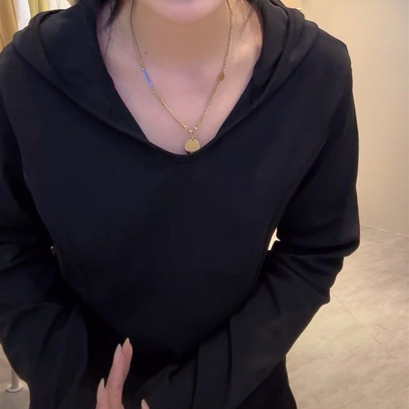 连帽纯色长袖T恤女2024早秋新款设计H感收腰显瘦宽松百搭打底衫潮