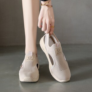 飞织镂空透气一H脚蹬不累脚孕妇小白鞋 薄款 女夏季 包头运动凉鞋