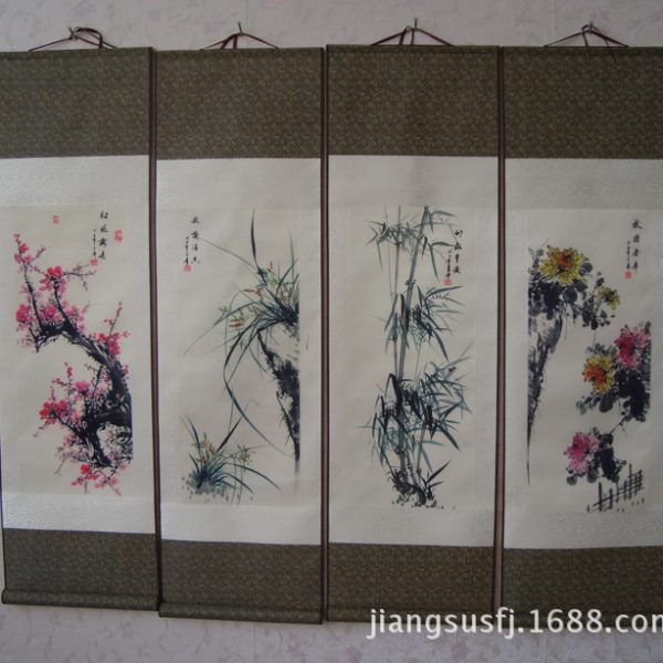 家居装饰工笔四条屏梅兰竹菊四君子丝绸画 卷轴成套国画T03