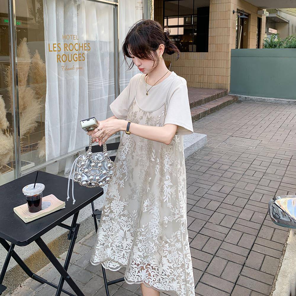 超好看叠穿提花网纱吊带裙套装女夏2025新款法式宽松T恤裙两件套