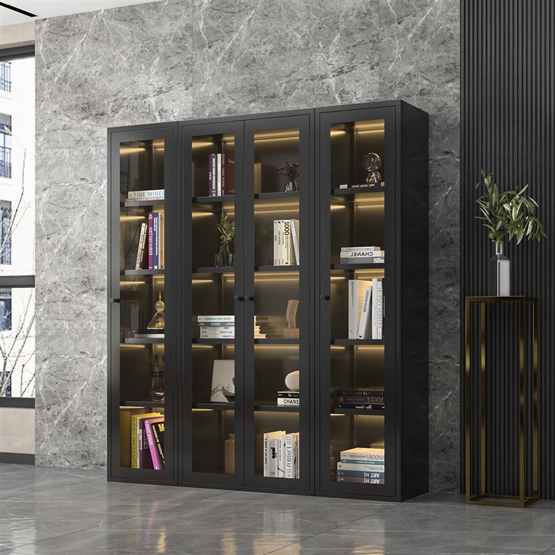铁艺书柜北欧家用书架轻奢客厅置物柜带玻璃门落地手办收纳展示柜