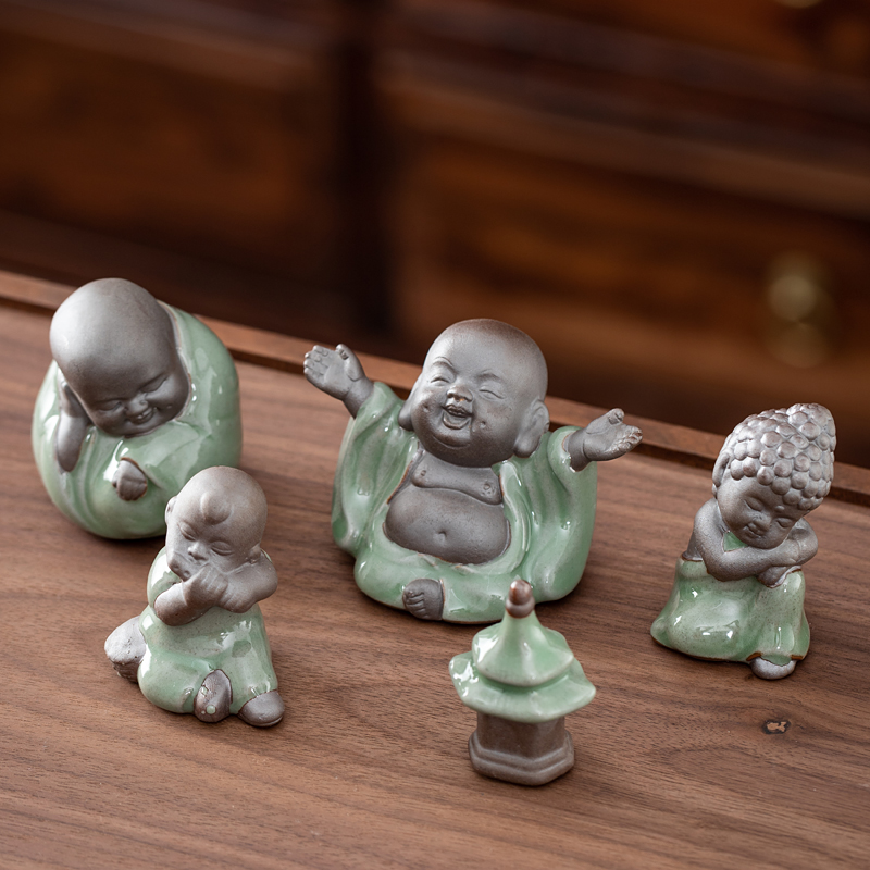 紫砂哥窑招财弥勒佛茶宠摆件可养禅意如来笛童造景花宠茶台装饰品