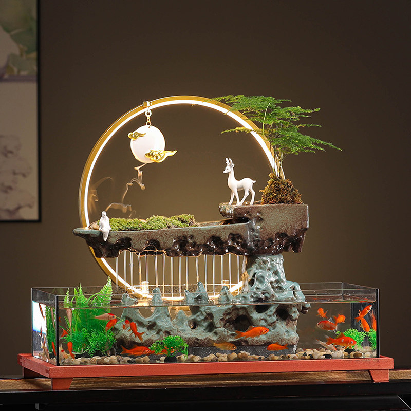 创意招财流水循环玻璃鱼缸家居客厅电视柜玄关装饰风水轮轻奢摆件