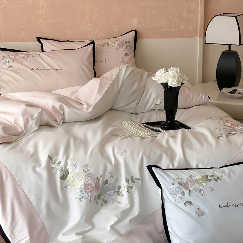 韩式唯美100S长绒棉全棉刺绣床上用品四件套2025新款纯棉床单被套