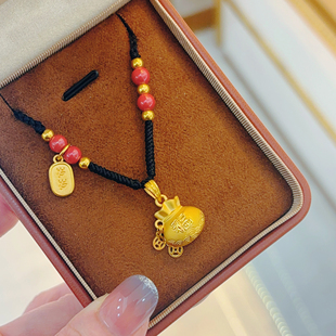 希曼汀黄金岁岁平安编绳项链999足金福袋吊坠锁骨链情人节日礼物