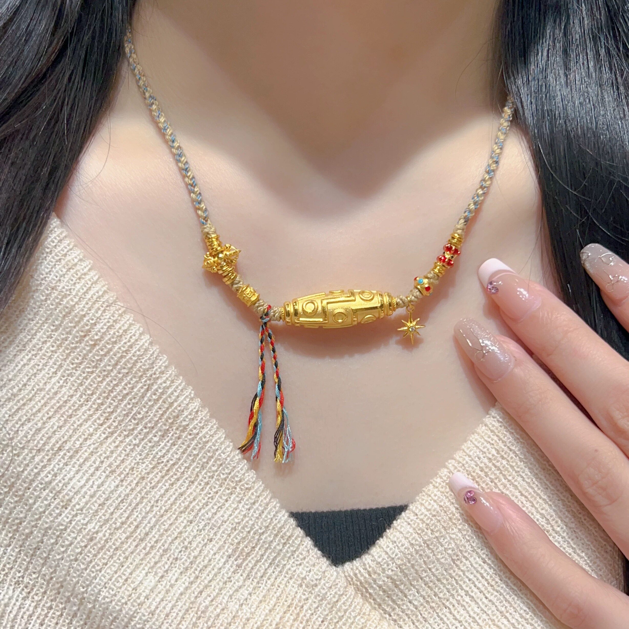 希曼汀黄金九眼天珠项链2025新款999足金手工编织吊坠礼物送女友