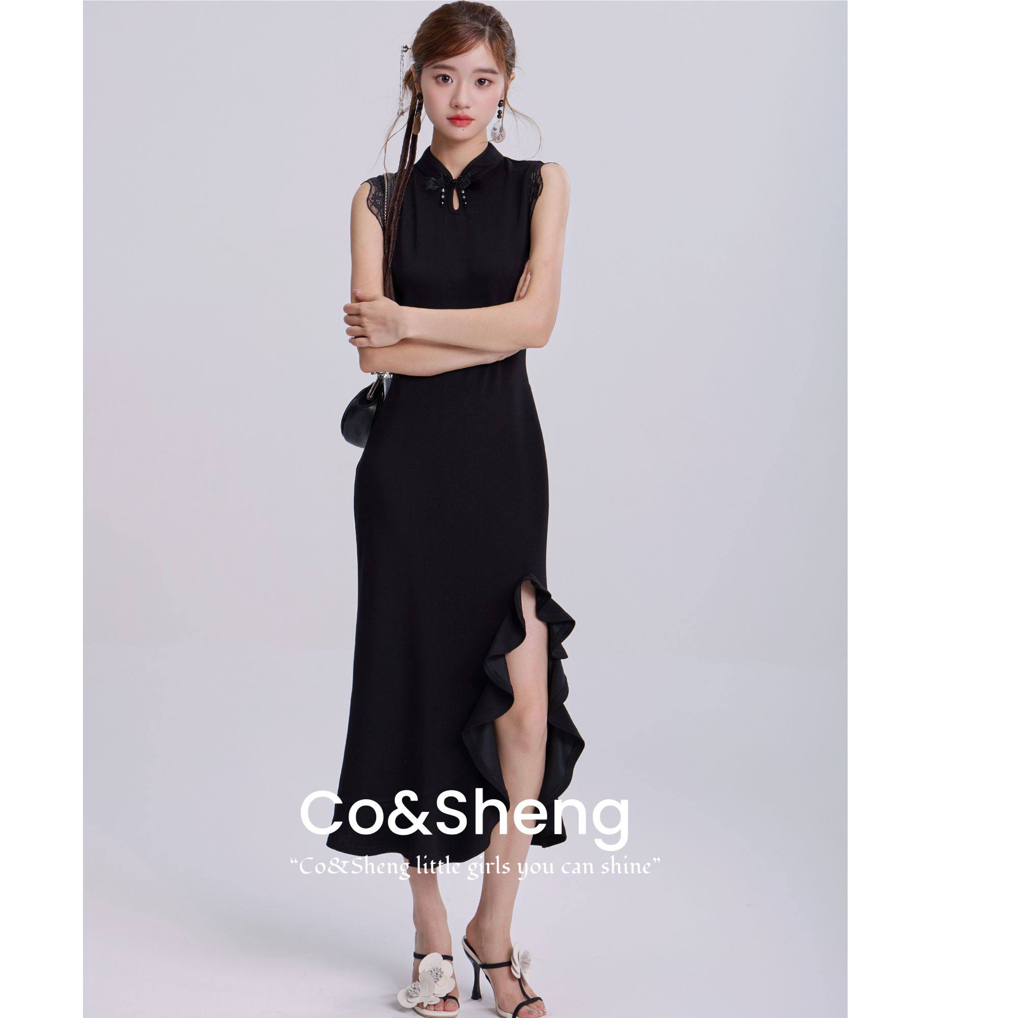 cosheng春夏新款新中式无袖旗袍连衣裙气质时尚复古荷叶边