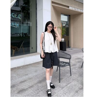 重生高腰休闲直筒格子五分裤