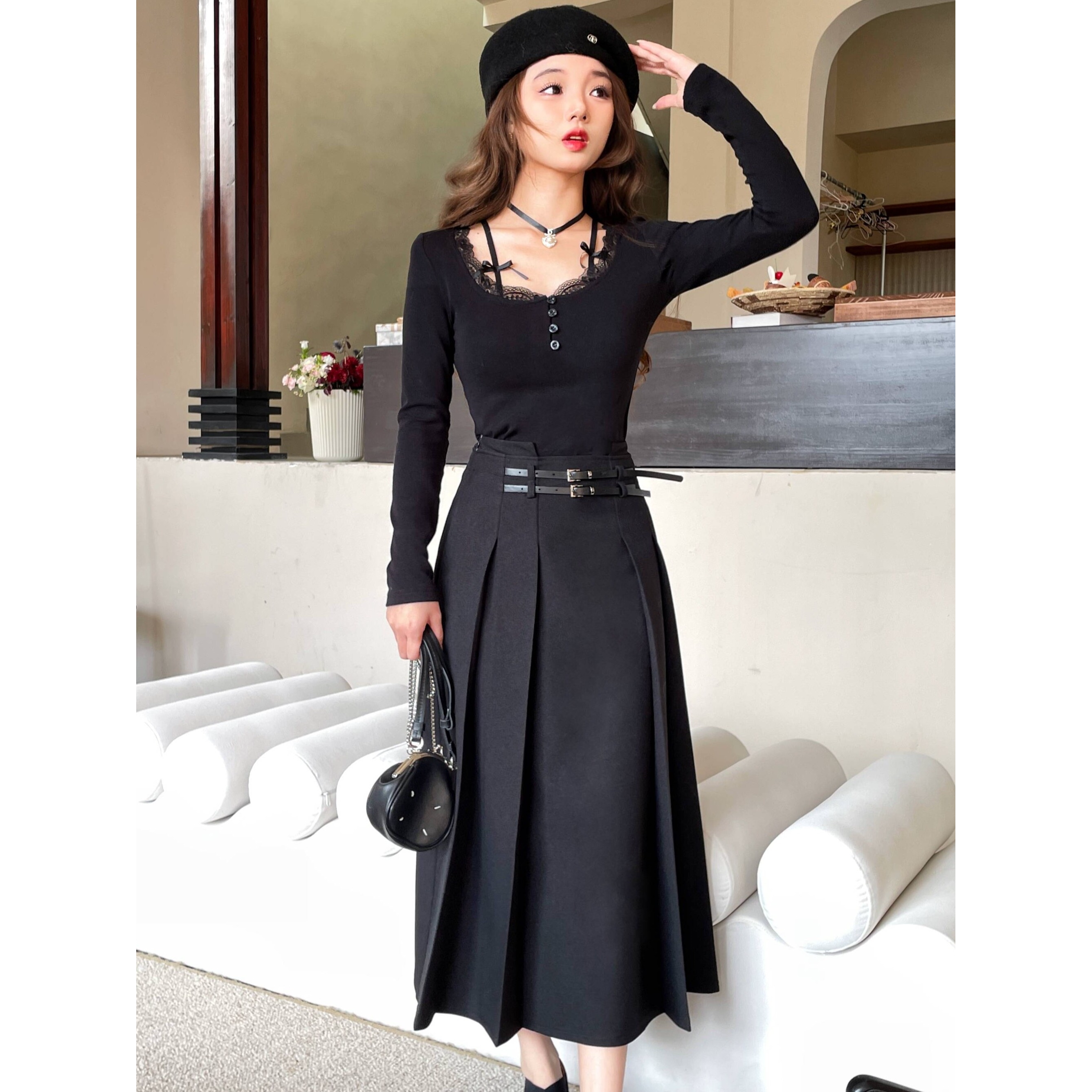 cosheng重生150cm小个子春季新品黑色长款垂感半身长裙高腰气质