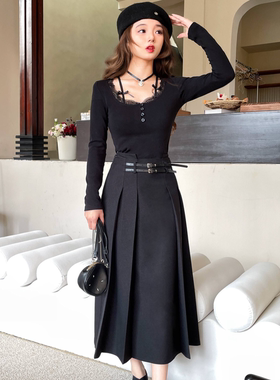 cosheng重生150cm小个子春季新品黑色长款垂感半身长裙高腰气质