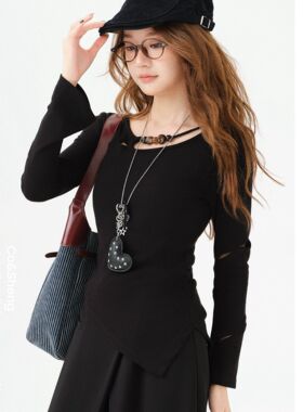 重生小个子秋冬新品打底女上衣长袖百搭时尚性感上衣黑色纯色