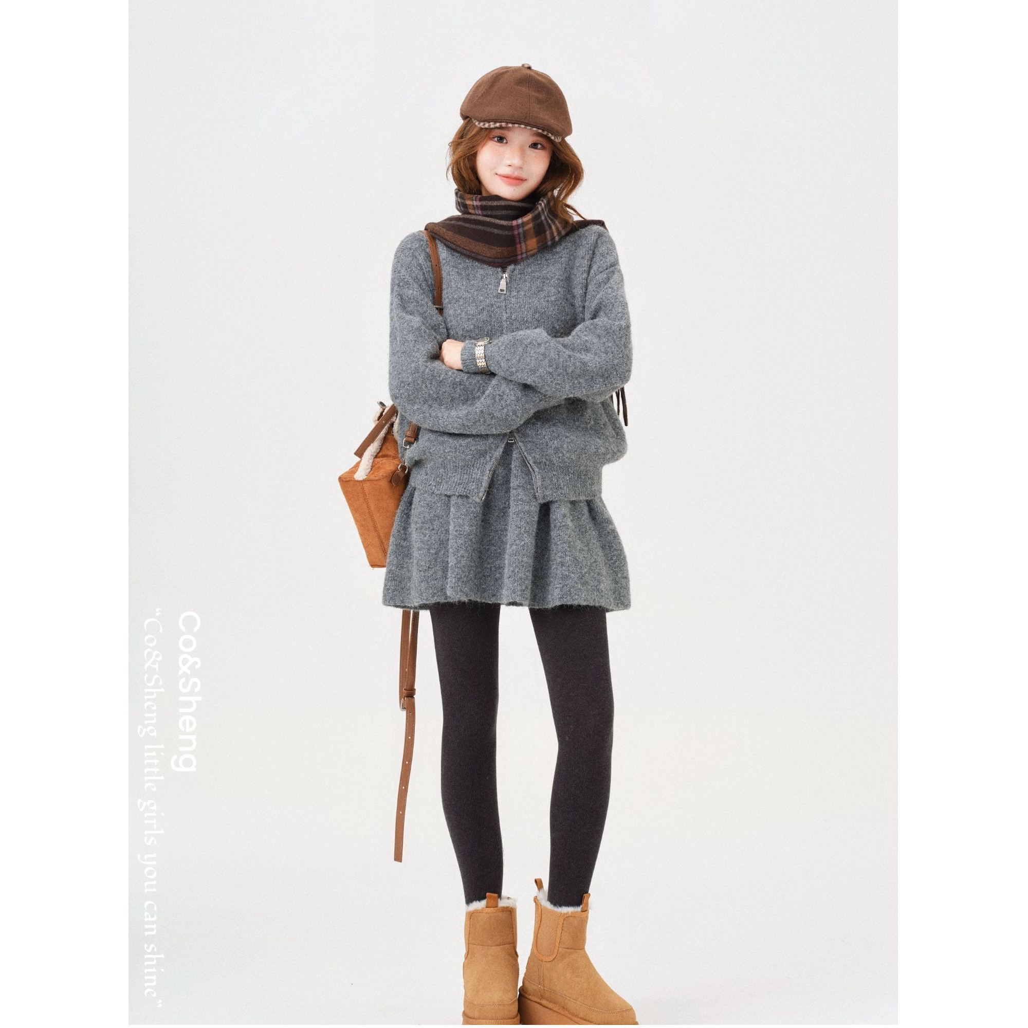 甜心灰梦/co&sheng小个子休闲风时尚套装灰色女款针织秋冬