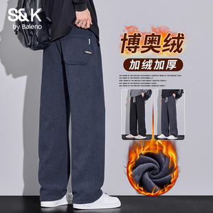 班尼路加绒加厚卫裤男款宽松直筒休闲裤冬季垂感保暖抗寒阔腿裤子