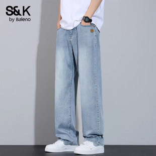 水洗蓝阔腿百搭直筒长裤 班尼路春夏季 子男士 宽松休闲牛仔裤 子 新款