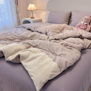 床上O用品被套床单三件套 A类母婴级双层纱蕾丝花边四件套2025新款