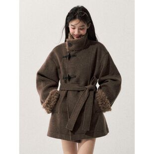 风起时 简约时髦气质棕色收腰呢子中长款大衣毛呢外套冬季新款女