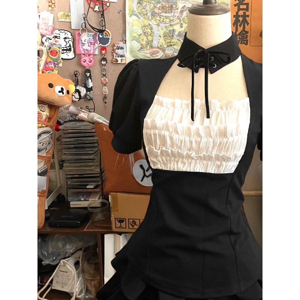 【禁忌之恋】亚文化暗黑少女方领褶皱上衣+双层荷叶边蛋糕短裙女