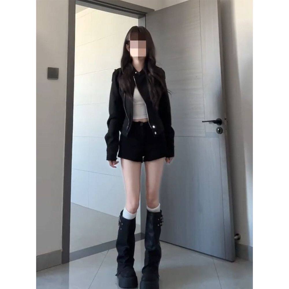 【晚渡荒墟】美式复古斜门襟立领夹克套装女黑色短外套短裤两件套