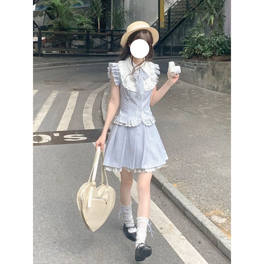 水天一色 夏季日系学院风温柔穿搭设计感拼接上衣条纹短裙两件套