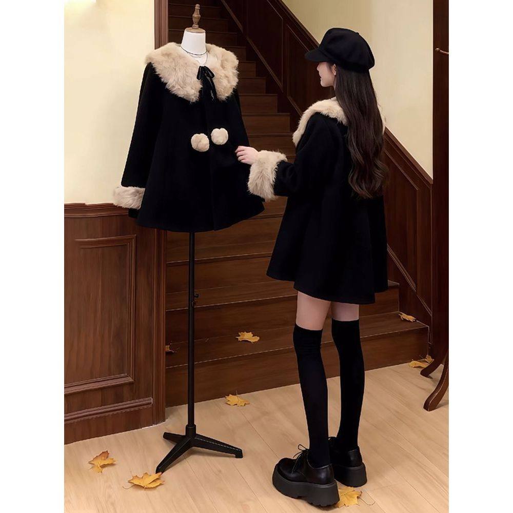 韩系高级感小香风富家千金黑色毛呢中长款外套秋冬新款小个子大衣,女装/女士精品,毛呢外套,淘宝优惠券,粉丝福利购,淘宝优惠卷