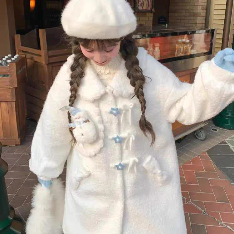 甜美可爱小个子呢子大衣女冬季2025新款中长款星星扣白色毛呢外套