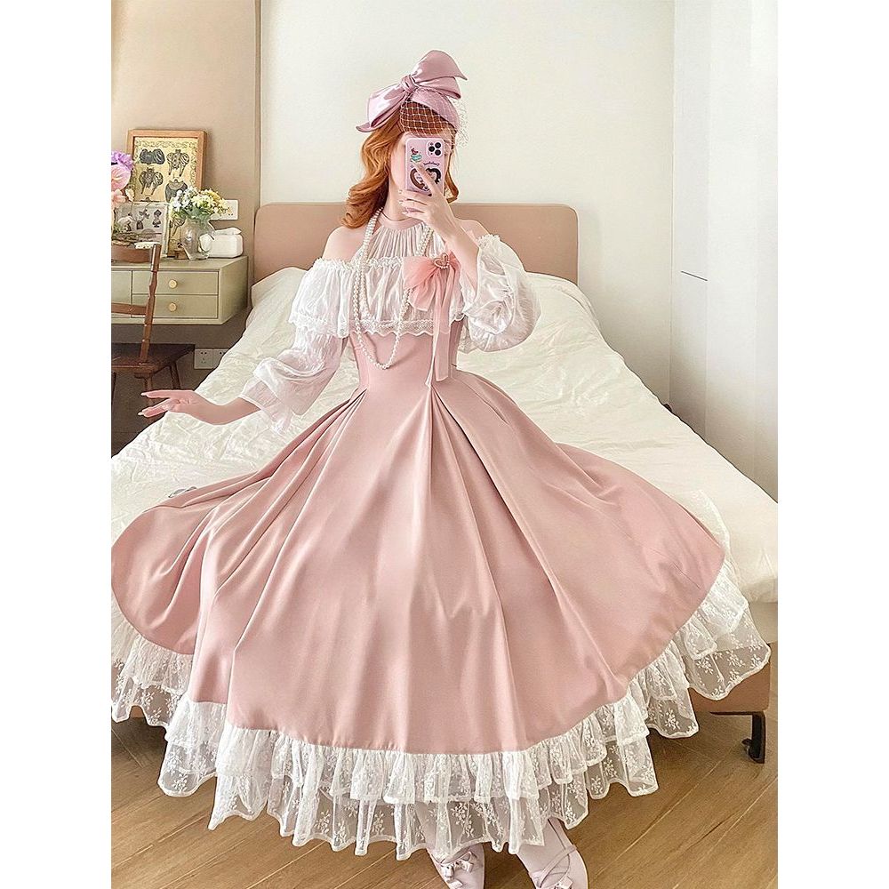粉梦绮罗 秋日蝴蝶结清楚系温柔优雅露肩lolita拼接蕾丝连衣裙