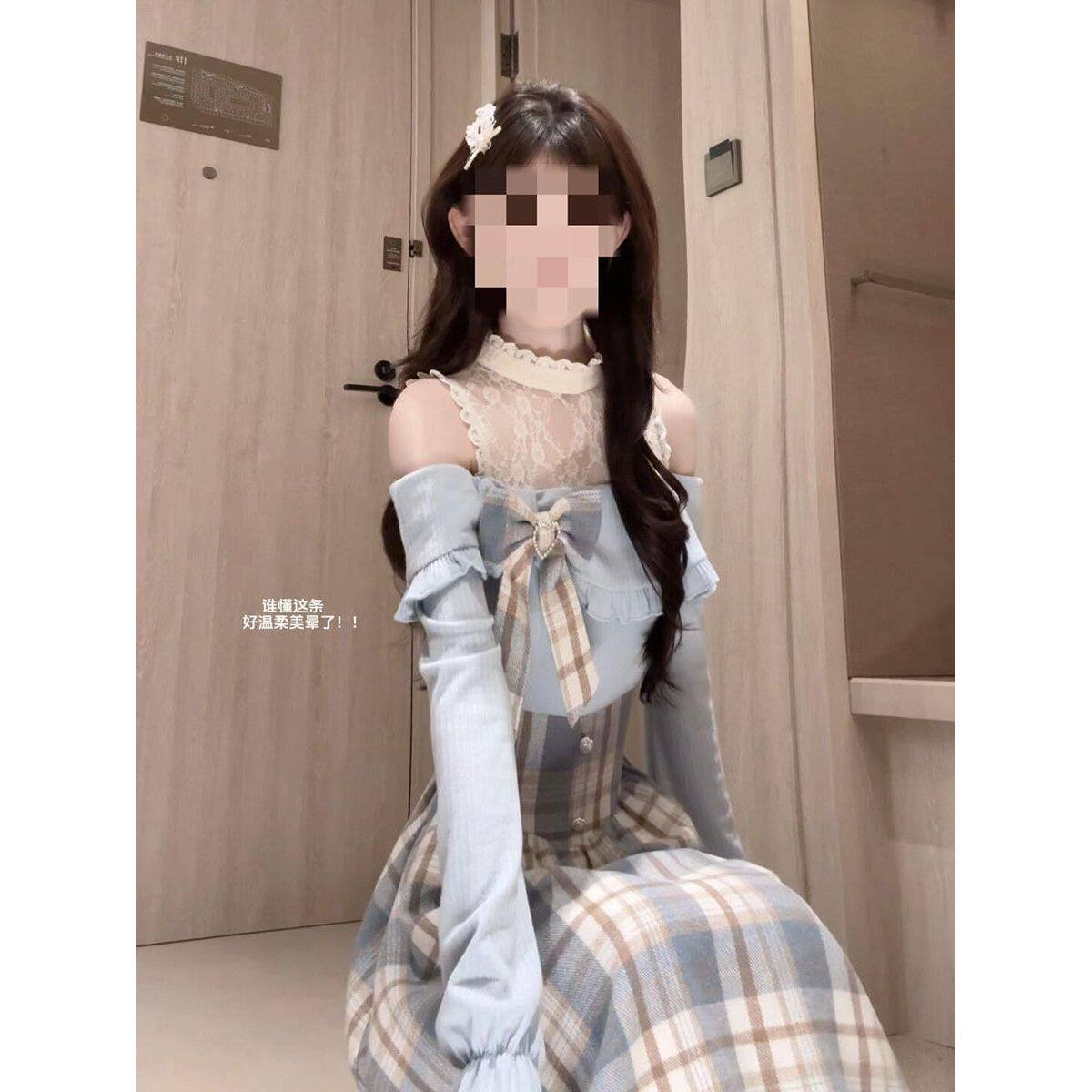 夜樱花笺日系蕾丝拼接蝴蝶结修身连衣裙日系甜美少女感格纹中长裙