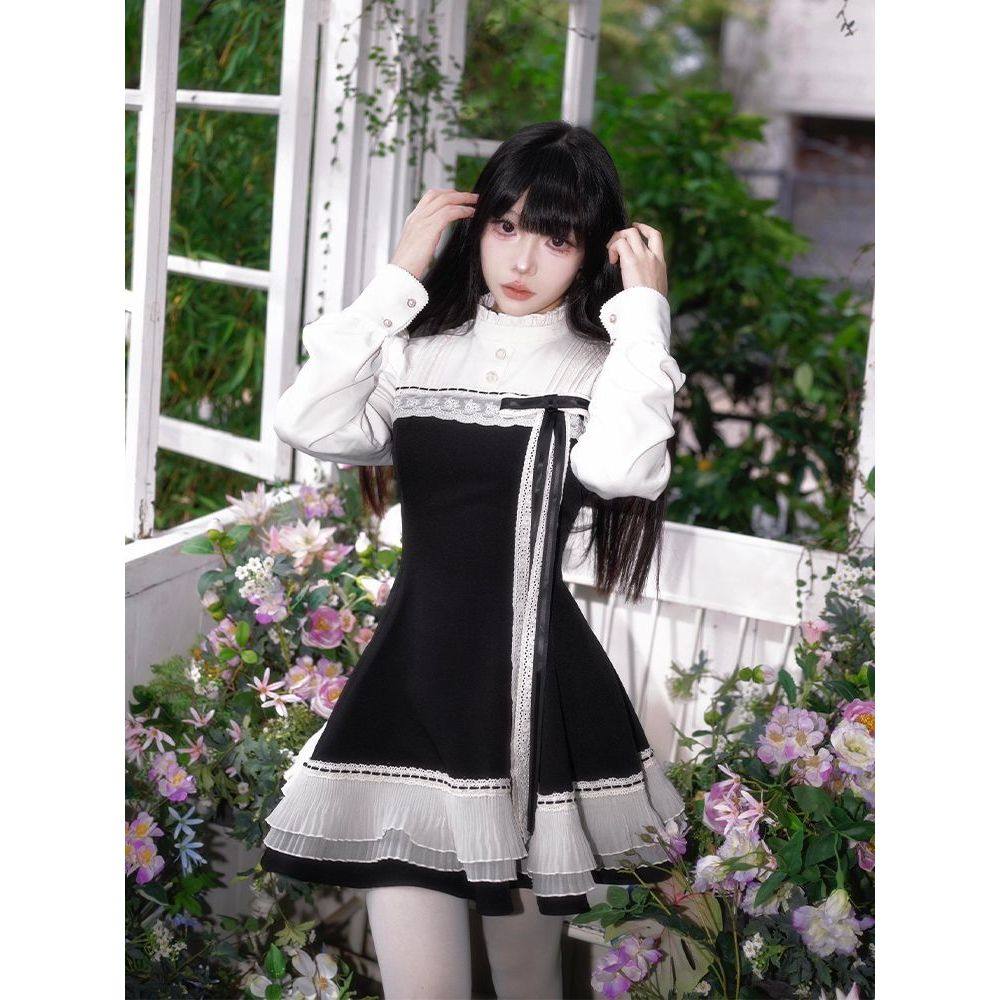 【月白物语】日系清楚系设计感黑白拼接气质长袖连衣裙秋季新款女,女装/女士精品,连衣裙,淘宝优惠券,粉丝福利购,淘宝优惠卷