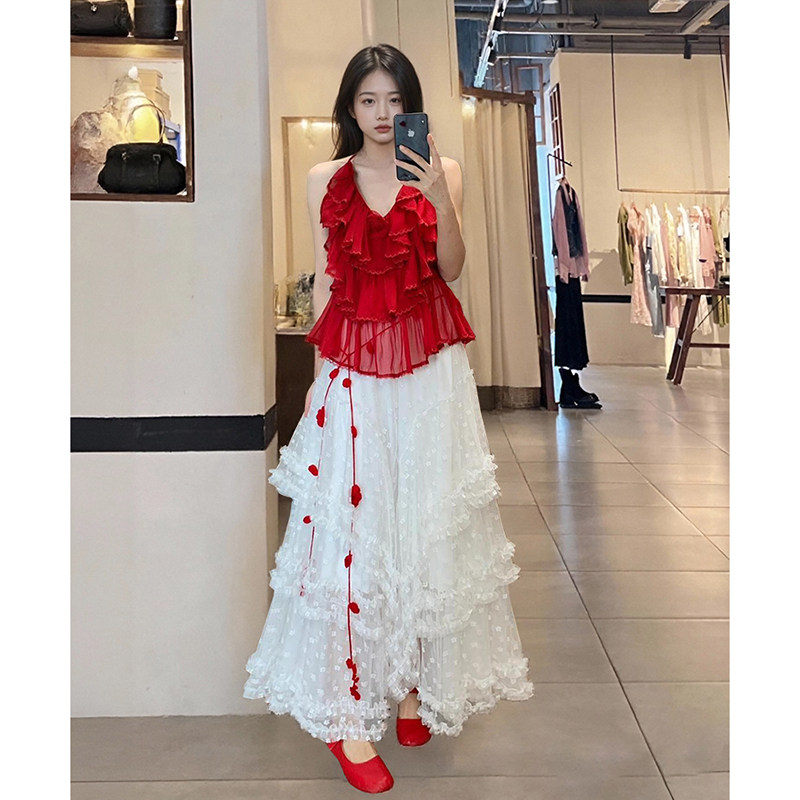 夏日海边度假风穿搭套装裙独特绝美复古红色背心花边半身裙两件套