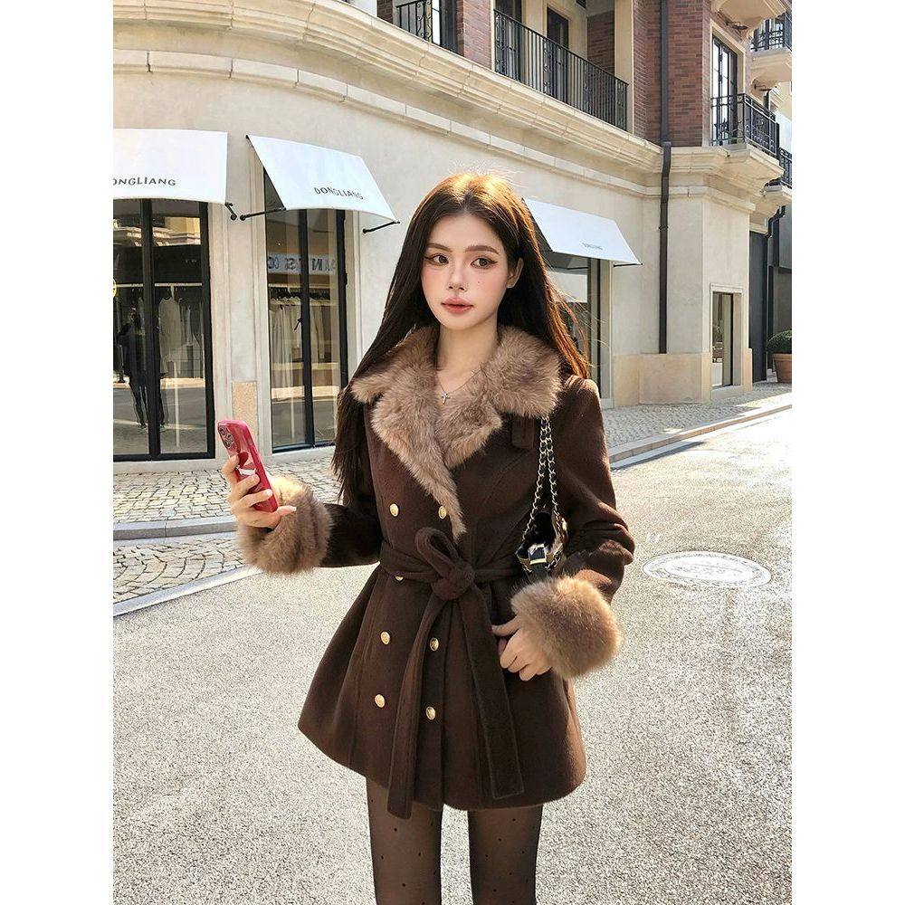 法式古着vintage气质毛绒领拼接系带收腰显瘦呢子大衣外套女冬季,女装/女士精品,毛呢外套,淘宝优惠券,粉丝福利购,淘宝优惠卷