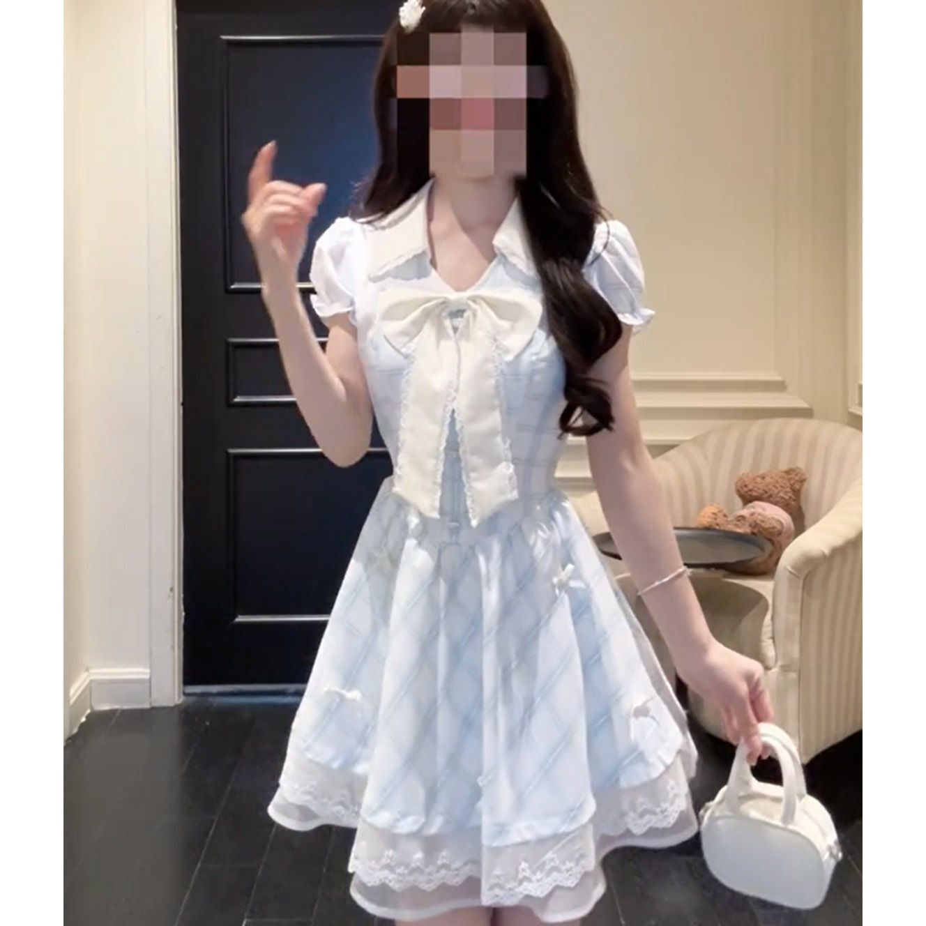 海盐冰茶 少女蝴蝶结格纹连衣裙小个子甜美可爱蕾丝收腰拼接短裙
