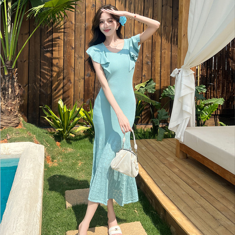 时尚气质荷叶边针织连衣裙女夏季休闲度假风长裙收腰包臀鱼尾裙