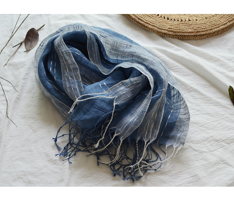 夏季亚麻围巾日系文艺蓝色织线丝巾女薄款百搭防晒披肩流苏围巾男