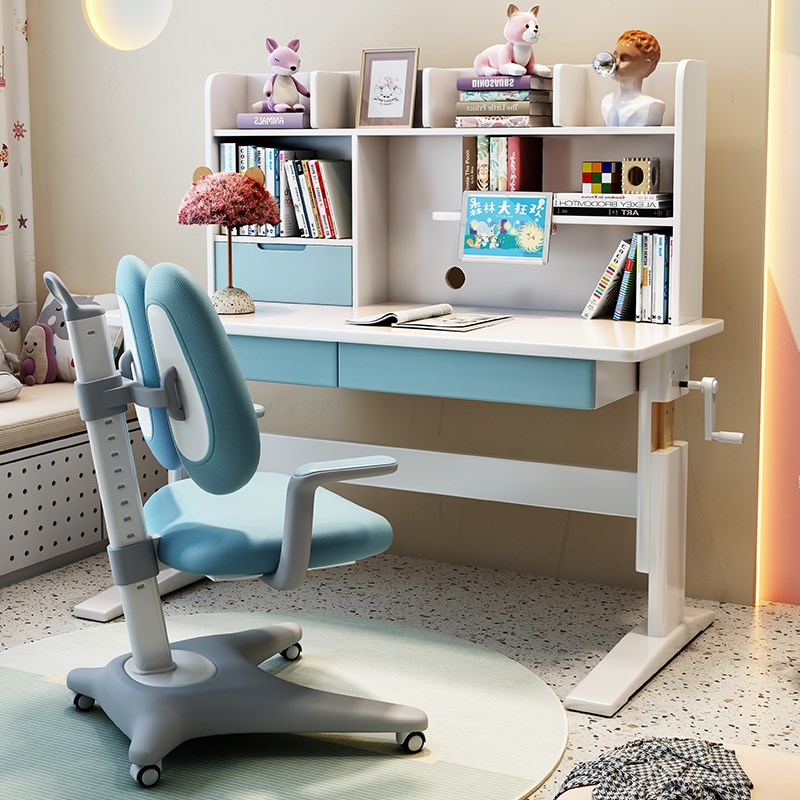 简约现代可升降学生学习桌实木书桌书架一体家用卧室儿童写字桌子