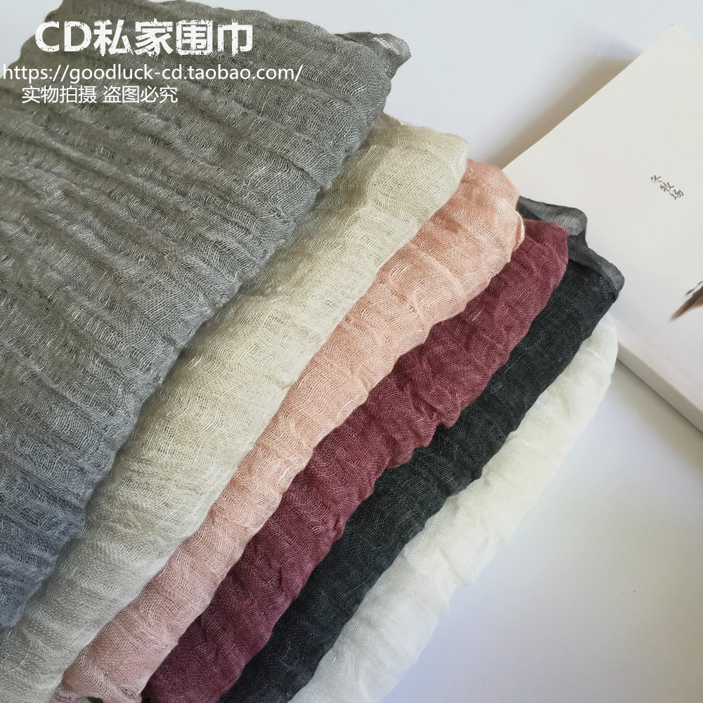日系复古褶皱自然肌理亚麻围巾 森系文艺男女纯色麻围巾披肩
