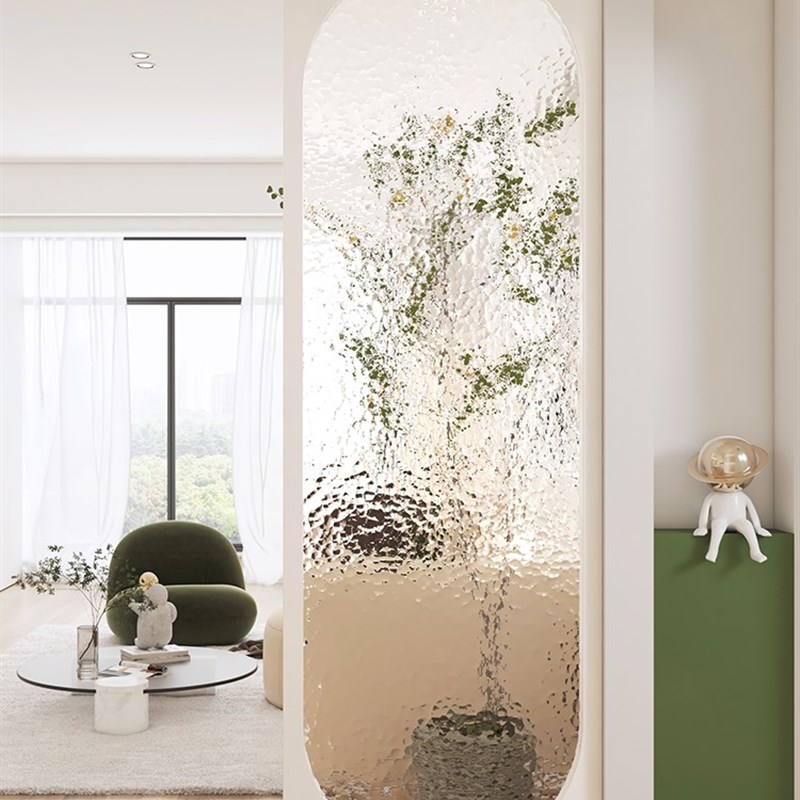法式奶油风客厅入户屏风玄关洗手台油画感拱形轻奢水波纹玻璃隔断