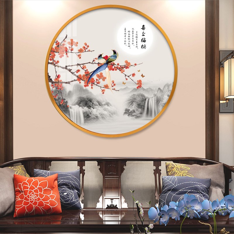 新中式圆形d玄关装饰画喜上眉梢客厅茶室花鸟挂画喜鹊卧室床头壁