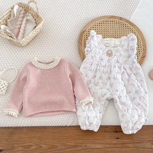 韩版秋冬新款女宝宝连体衣套装周岁E小月龄打底背带裤加绒冬装爬